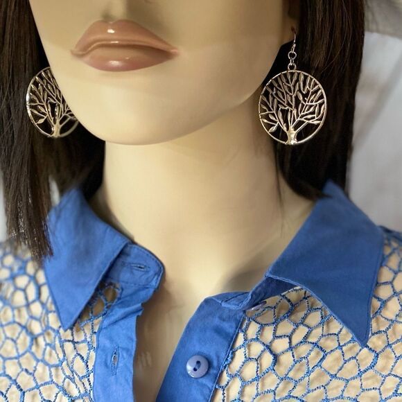 Tree of Life Silver Statement Round Dangle Earrings - Picture 3 of 3